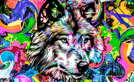 wolf head with creative abstract elements on white backgroundの写真素材