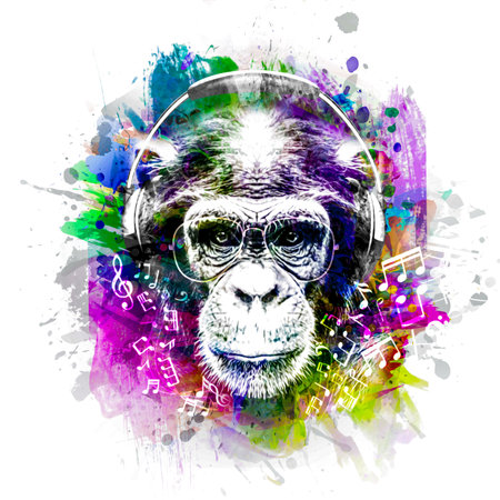 monkey head in reggae hat and eyeglasses with creative abstract elements on white backgroundの写真素材