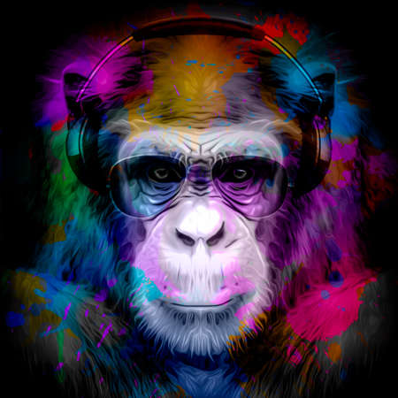monkey head in reggae hat and eyeglasses with creative abstract elements on white backgroundの写真素材