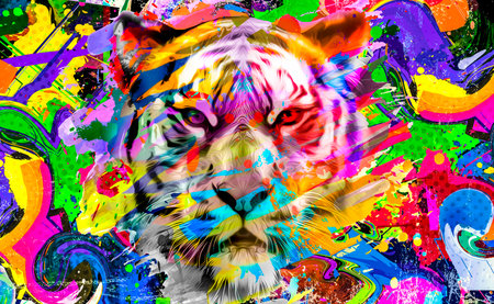 tiger head with creative abstract elements on dark backgroundの写真素材