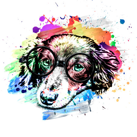 dog head with stylish sunglasses and creative abstract elements isolated on white background, close viewの写真素材