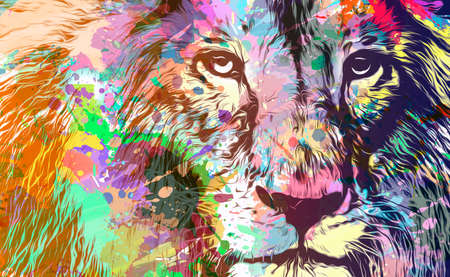 lion head with creative abstract elements on dark backgroundの写真素材