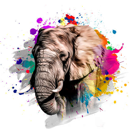 Elephant head with creative colorful abstract elements on white backgroundの写真素材