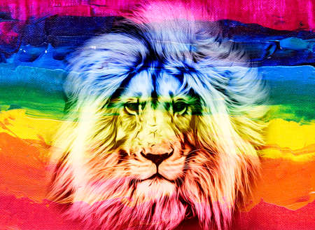 bright lion head in creative Rainbowの写真素材