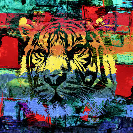 graffiti on wall with tigerの写真素材