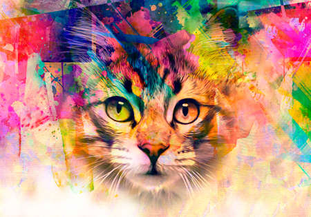 cat head with creative colorful abstract elements on dark backgroundの写真素材