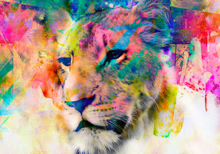 grunge background with graffiti and painted lionの写真素材