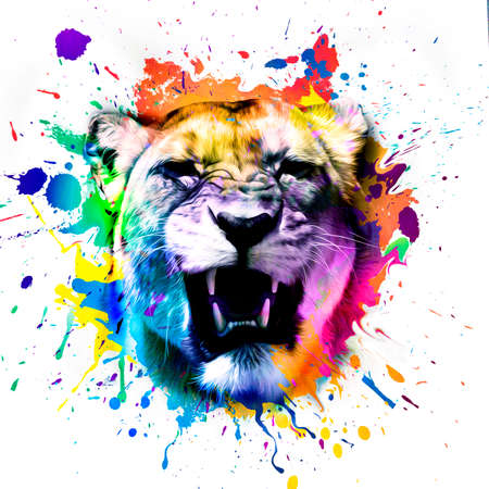 grunge background with graffiti and painted lionの写真素材