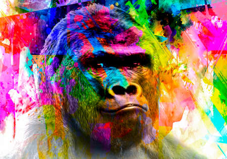 gorilla monkey head with creative colorful abstract elements on light backgroundの写真素材