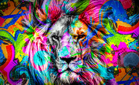 colorful artistic lion muzzle with bright paint splatters on white background.の写真素材