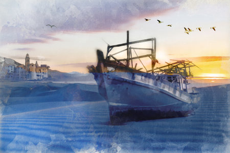 Digital painting of a fishing boat in the sea at sunset with seagullsの写真素材