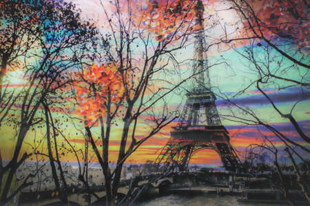 sunset in the park in paris with eiffel towerの写真素材