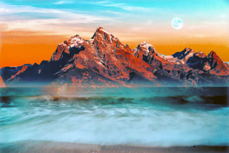 sunset over the sea clor artの写真素材