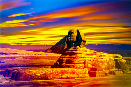 sunset over the sphinx egypt color artの写真素材