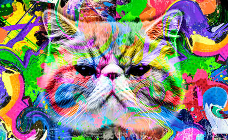 colorful artistic cat muzzle with bright paint splatters on white background.の写真素材
