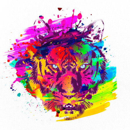 colorful artistic lion muzzle with bright paint splatters on dark backgroundの写真素材