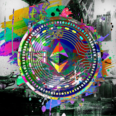 colorful ethereum with bright paint splatters on white background, cryptocurrency conceptの写真素材