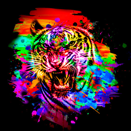 Colorful artistic leopard muzzle with bright paint splattersの写真素材