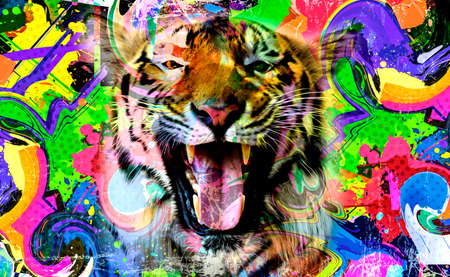 Colorful artistic leopard muzzle with bright paint splattersの写真素材
