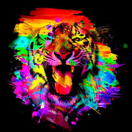 Colorful artistic leopard muzzle with bright paint splattersの写真素材
