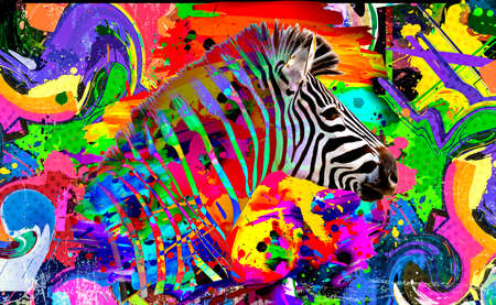 colorful artistic zebra muzzle with bright paint splatters on white background.の写真素材