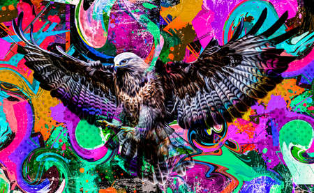 colorful artistic eagle muzzle with bright paint splatters on dark background.
