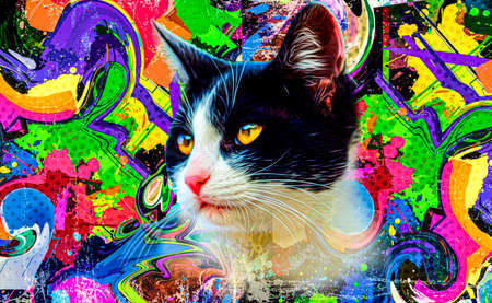 cat head with creative colorful abstract elements on white backgroundの写真素材