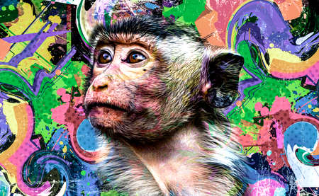 colorful artistic monkey muzzle with bright paint splatters on white background.の写真素材