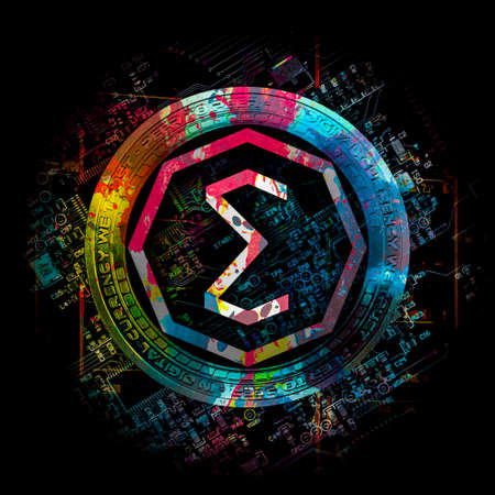 golden amp cryptocurrency coin on dark background, cryptocurrency conceptの写真素材