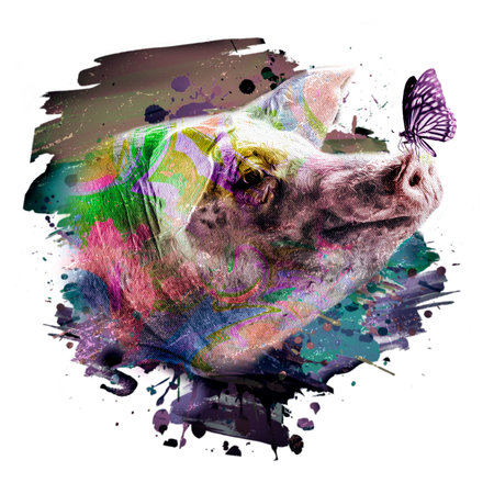 watercolor painting of pig and butterflyの写真素材