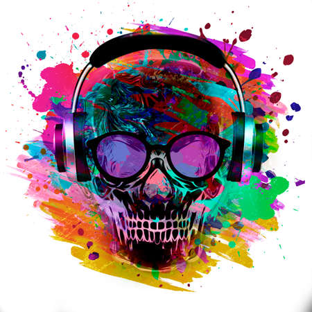 Colored skull with earphones in eyeglasses with creative abstract colorful spots elements on white backgroundの写真素材