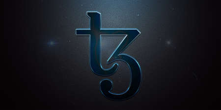 tezos cryptocurrency coin on colorful background, cryptocurrency conceptの写真素材