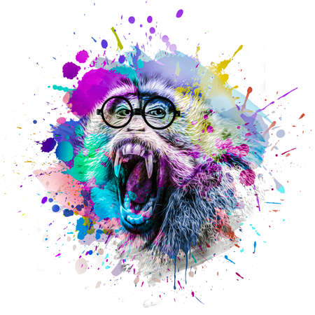 colorful artistic monkey muzzle in eyeglasses with colorful paint splatters on white background.