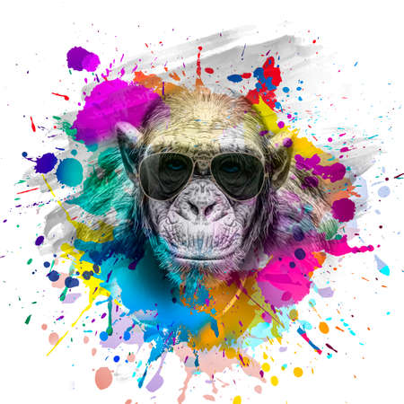 monkey head in eyeglasses with creative colorful abstract elements on dark background,color artの写真素材