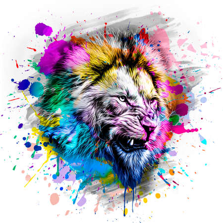 Colorful artistic lion muzzle with bright paint splattersの写真素材