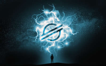 3D rendering cryptocurrency stellar coin on colorful background, cryptocurrency concept 3D illustrationの写真素材