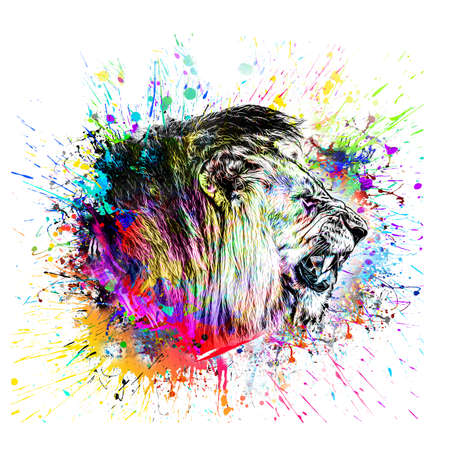 lion head with creative colorful abstract elements on dark backgroundの写真素材