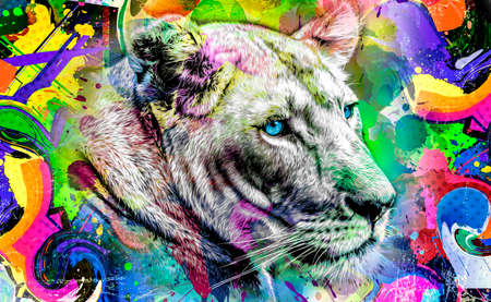 abstract colorful lion muzzle illustration, graphic design concept color artの写真素材