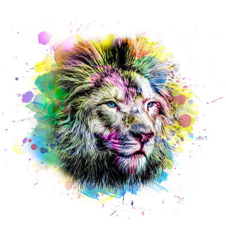 lion head with creative abstract elements isolated on white background, close view color artの写真素材