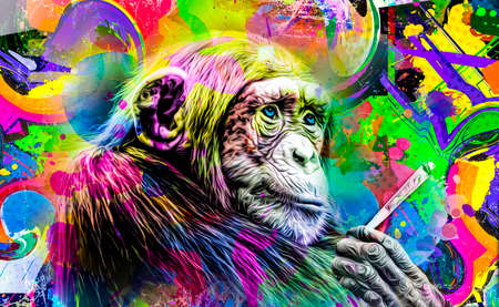 grunge background with graffiti and painted monkey with cannabis cigarette color artの写真素材