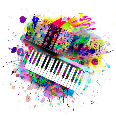 colorful music background with synthesizer, top viewの写真素材