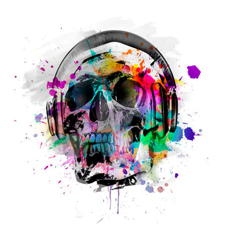 abstract artistic skull dj with headphones, graphic design conceptの写真素材
