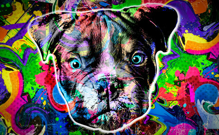 Dog's head on white background with colorful creative elementsの写真素材