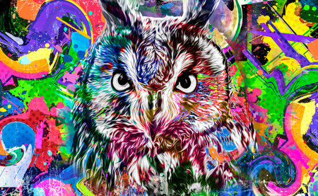 colorful artistic owl with bright paint splatters on white background color artの写真素材