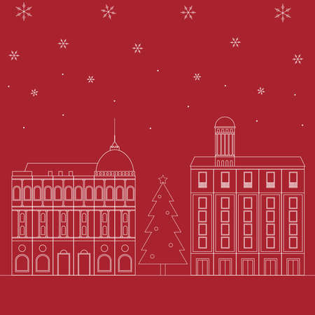 Christmas vector illustration greeting card for winter holidays. Tree and european houses.のイラスト素材