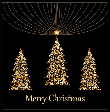 Christmas tree card black background. Gold glitter. Christmas tree. Golden light decoration. Shiny design. Vector illustrationのイラスト素材