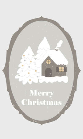 Vintage Chrismas card, winter, snow, house if forest with Christmas tree.のイラスト素材