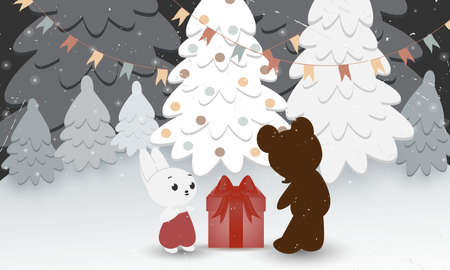 Russian Christmas vintage card with bunny gives the bear a gift. Winter forest with Christmas tree.の写真素材