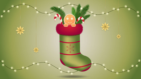 Christmas background Gingerbread in a Christmas with light garland and paper snowflake.の写真素材