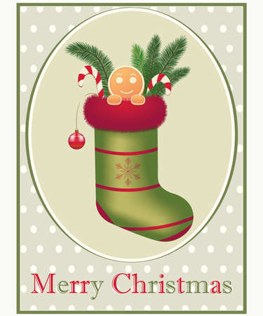 Christmas card green Gingerbread is christmas sock with spruce branches and sweets. Vector illustration.の写真素材